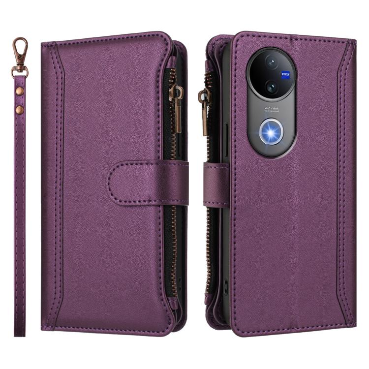For vivo V50 5G Global Magnetic Closure 9 Card Slots Zipper Leather Case with Hand Strap