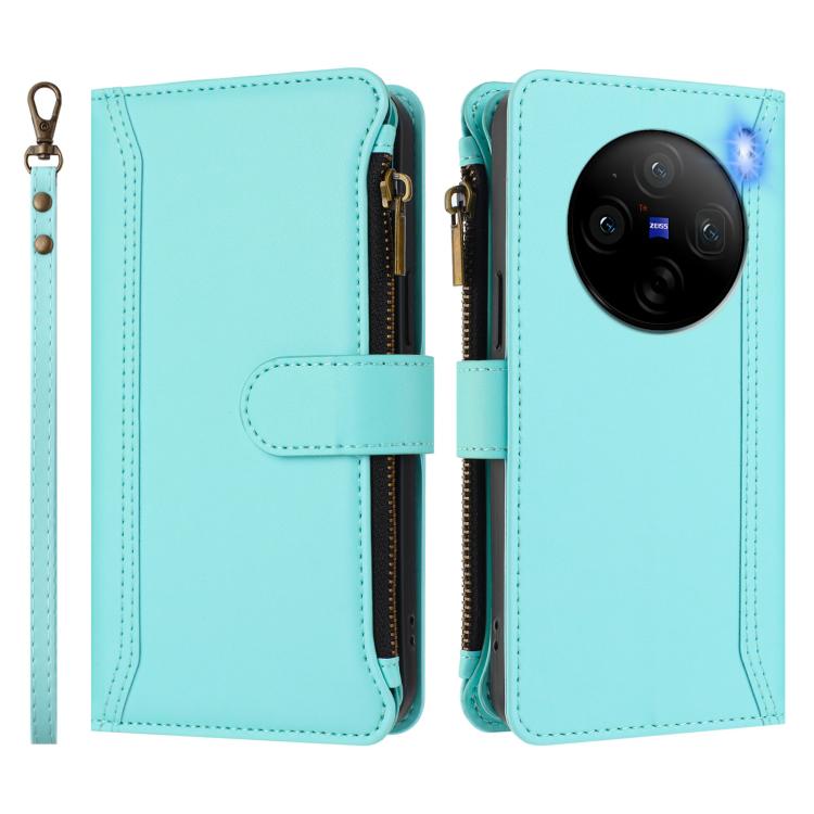 For vivo X100 5G Magnetic Closure 9 Card Slots Zipper Leather Case with Hand Strap
