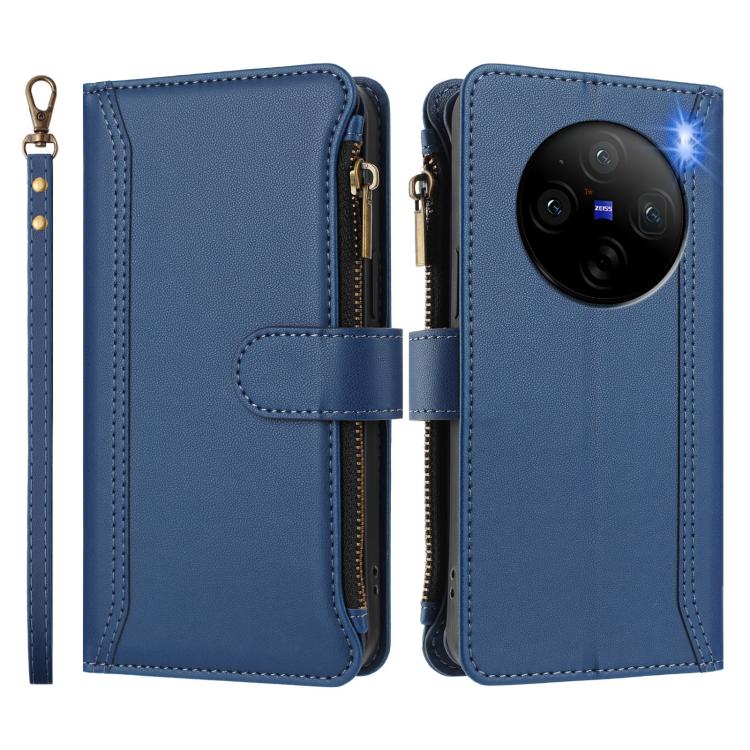 For vivo X100 Pro 5G / X100S Pro 5G Magnetic Closure 9 Card Slots Zipper Leather Case with Hand Strap