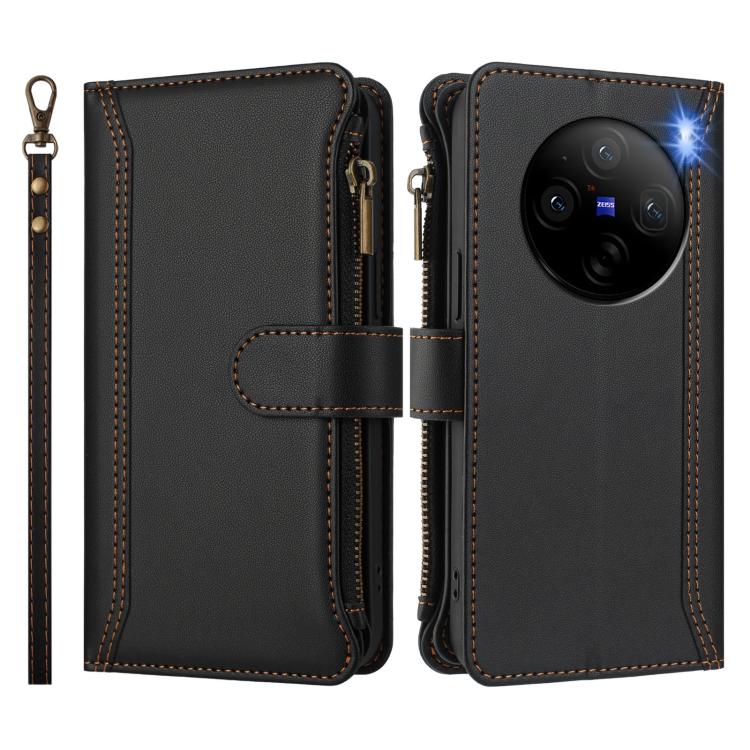For vivo X100 Pro 5G / X100S Pro 5G Magnetic Closure 9 Card Slots Zipper Leather Case with Hand Strap