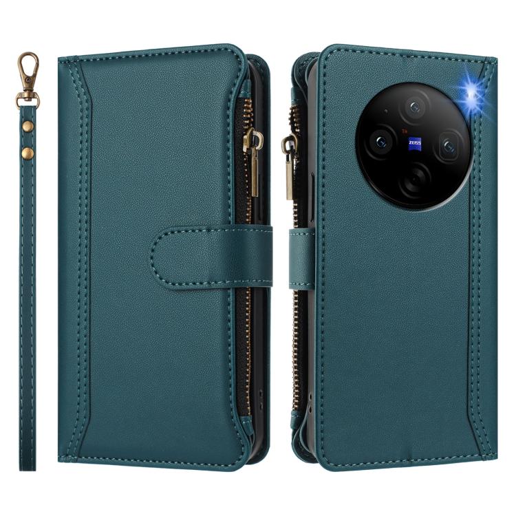 For vivo X100 Pro 5G / X100S Pro 5G Magnetic Closure 9 Card Slots Zipper Leather Case with Hand Strap