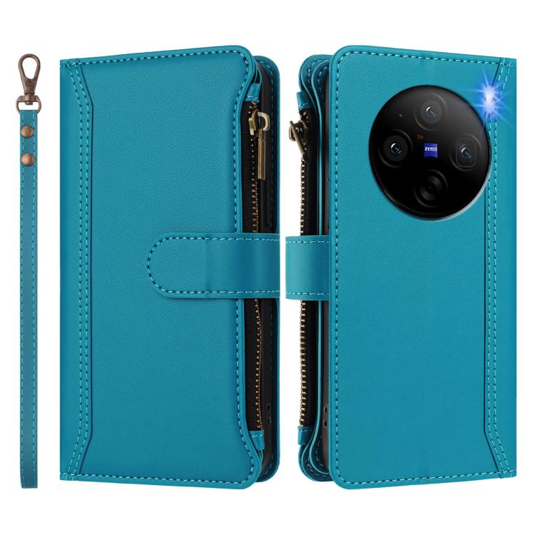For vivo X100 Pro 5G / X100S Pro 5G Magnetic Closure 9 Card Slots Zipper Leather Case with Hand Strap