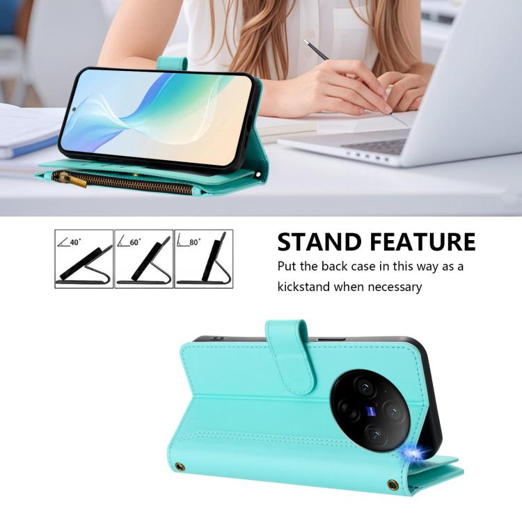 For vivo X100 Pro 5G / X100S Pro 5G Magnetic Closure 9 Card Slots Zipper Leather Case with Hand Strap