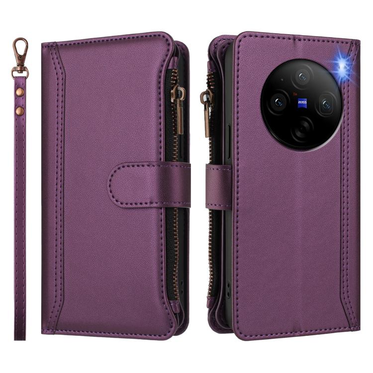 For vivo X100 Pro 5G / X100S Pro 5G Magnetic Closure 9 Card Slots Zipper Leather Case with Hand Strap