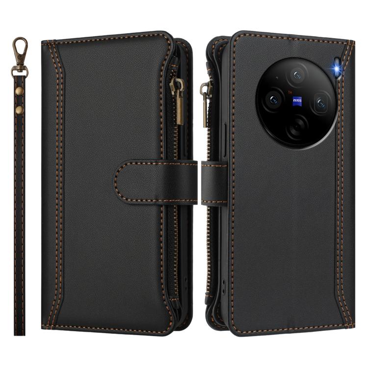 For vivo X100S 5G Magnetic Closure 9 Card Slots Zipper Leather Case with Hand Strap