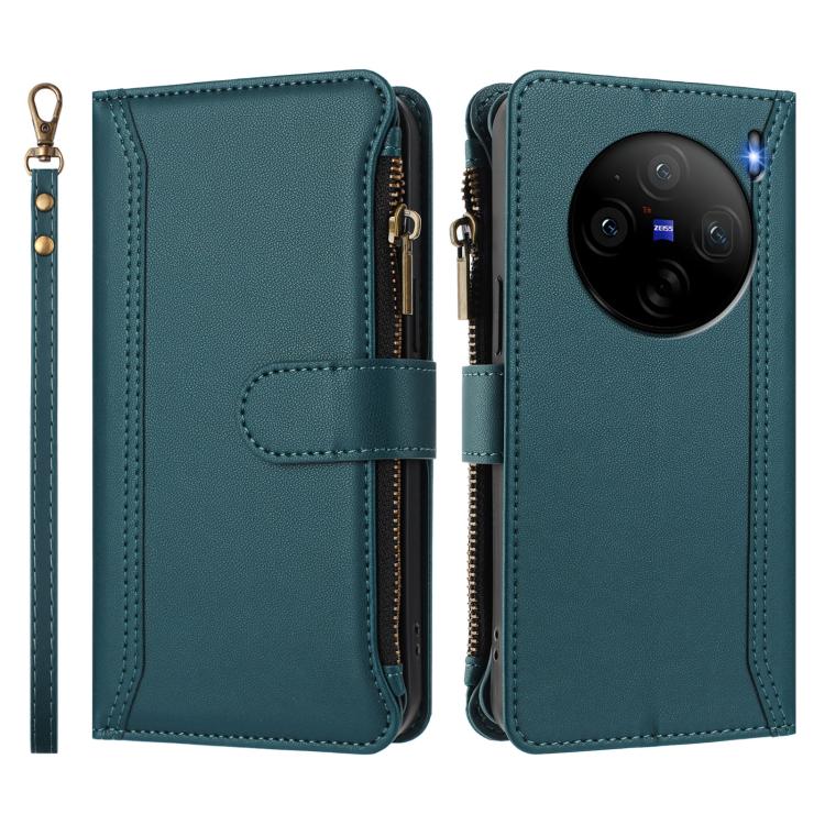 For vivo X100S 5G Magnetic Closure 9 Card Slots Zipper Leather Case with Hand Strap