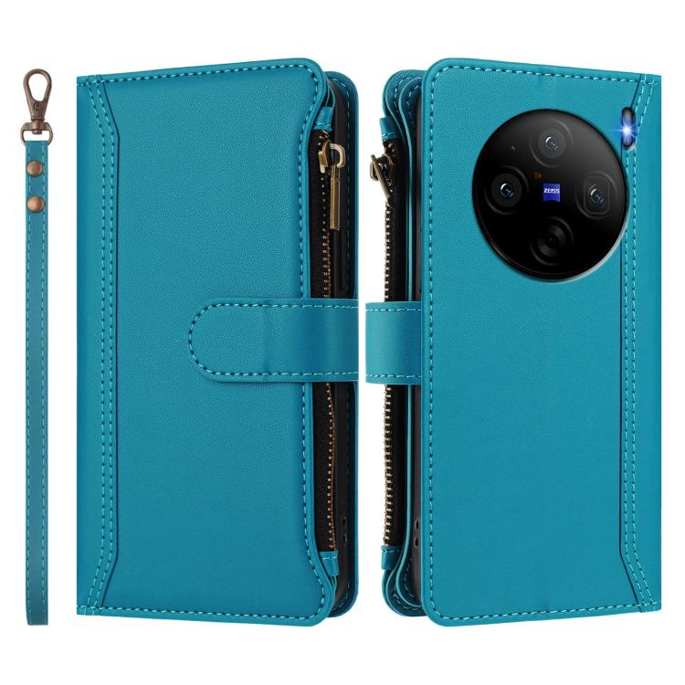 For vivo X100S 5G Magnetic Closure 9 Card Slots Zipper Leather Case with Hand Strap