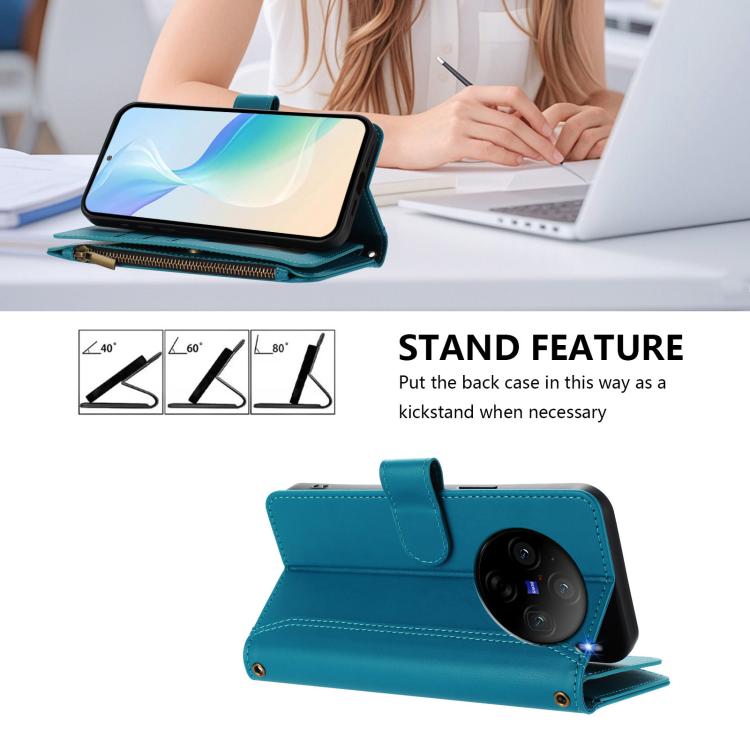 For vivo X100S 5G Magnetic Closure 9 Card Slots Zipper Leather Case with Hand Strap