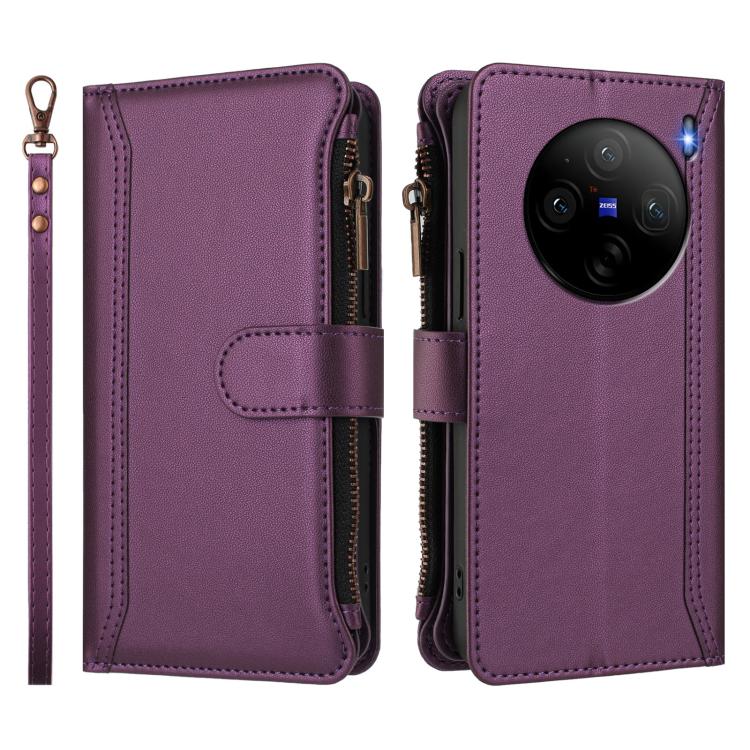For vivo X100S 5G Magnetic Closure 9 Card Slots Zipper Leather Case with Hand Strap