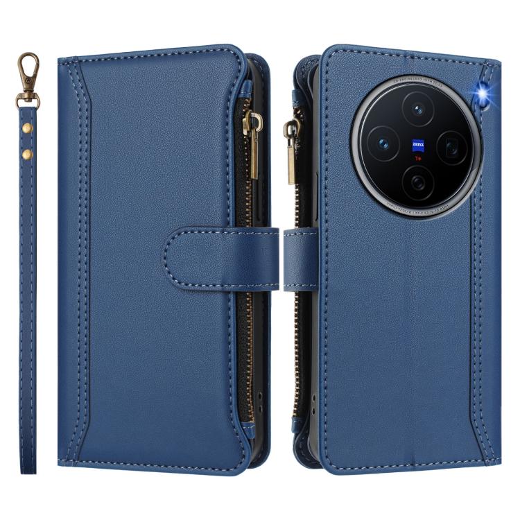 For vivo X200 5G Magnetic Closure 9 Card Slots Zipper Leather Case with Hand Strap