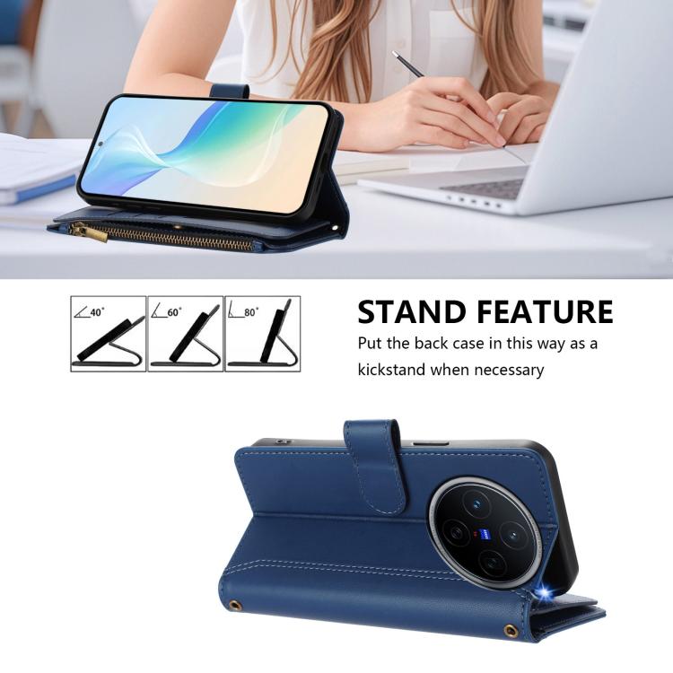 For vivo X200 5G Magnetic Closure 9 Card Slots Zipper Leather Case with Hand Strap