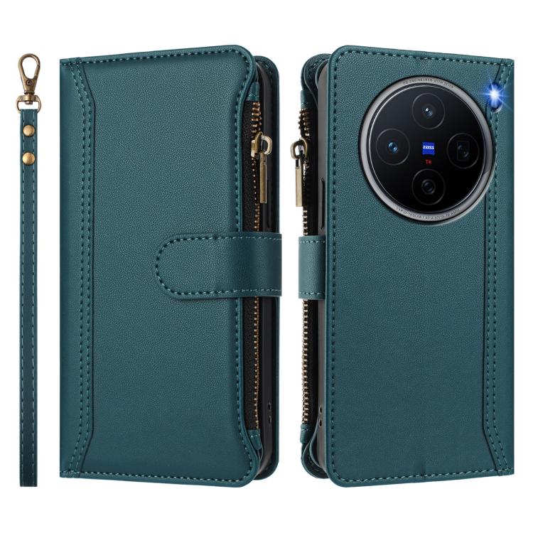 For vivo X200 5G Magnetic Closure 9 Card Slots Zipper Leather Case with Hand Strap