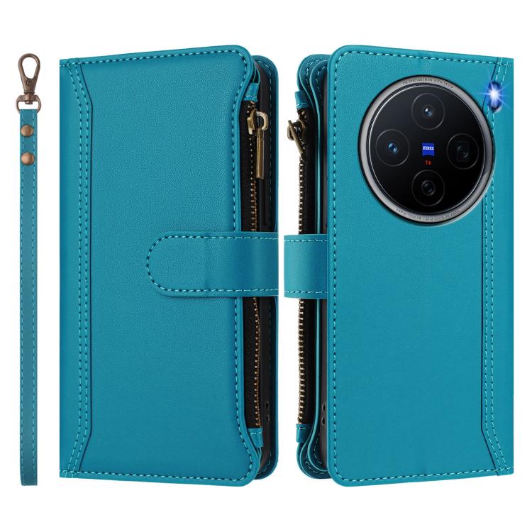 For vivo X200 5G Magnetic Closure 9 Card Slots Zipper Leather Case with Hand Strap