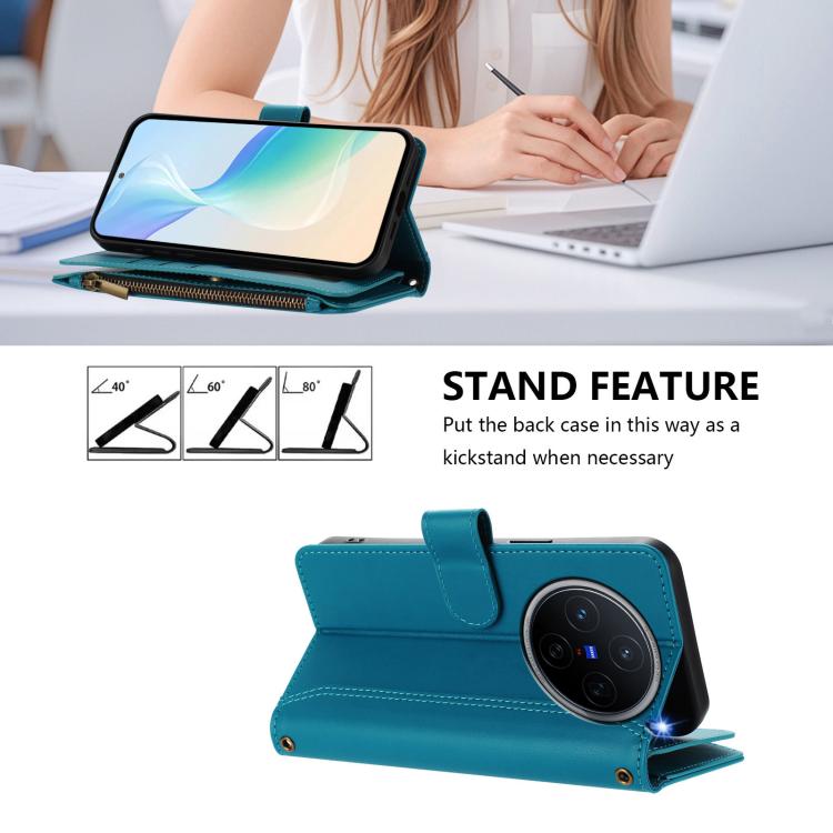For vivo X200 5G Magnetic Closure 9 Card Slots Zipper Leather Case with Hand Strap