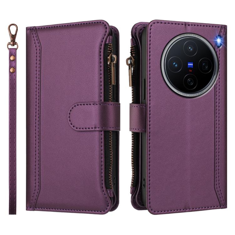 For vivo X200 5G Magnetic Closure 9 Card Slots Zipper Leather Case with Hand Strap