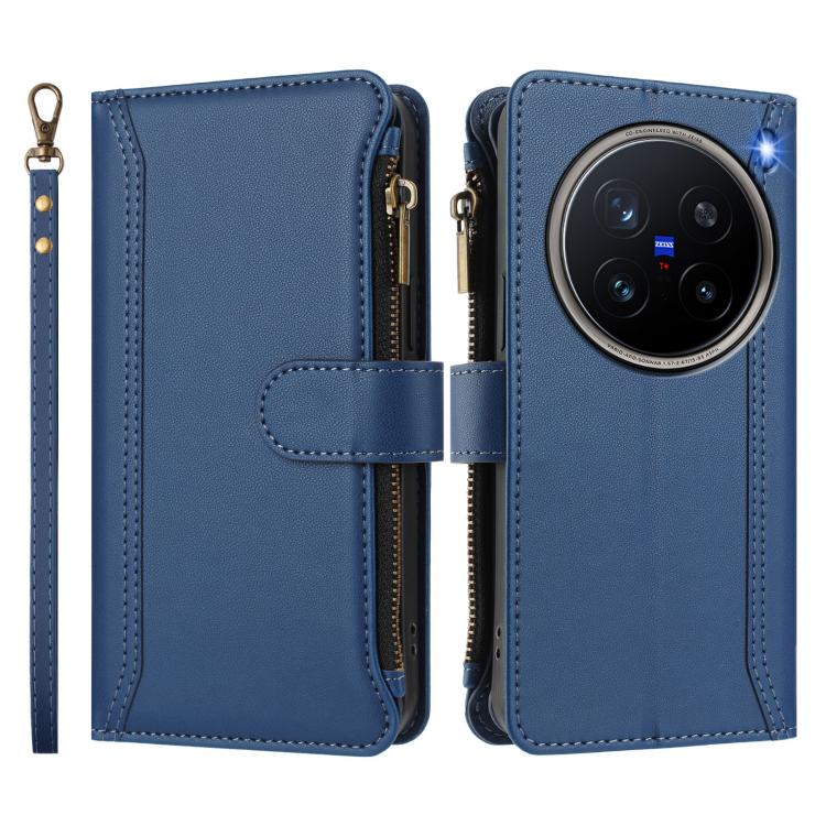 For vivo X200 Pro 5G Magnetic Closure 9 Card Slots Zipper Leather Case with Hand Strap