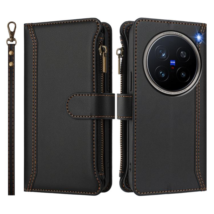 For vivo X200 Pro 5G Magnetic Closure 9 Card Slots Zipper Leather Case with Hand Strap