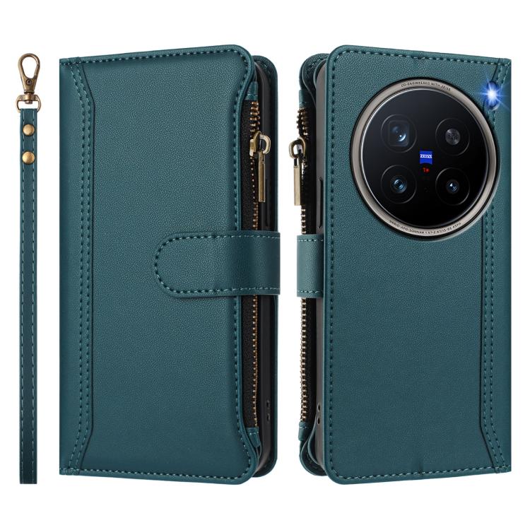 For vivo X200 Pro 5G Magnetic Closure 9 Card Slots Zipper Leather Case with Hand Strap