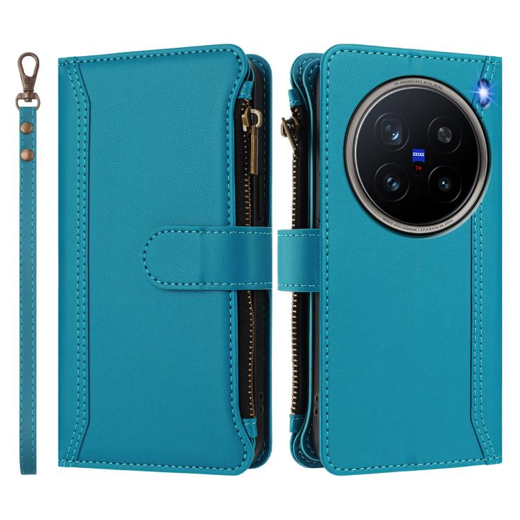 For vivo X200 Pro 5G Magnetic Closure 9 Card Slots Zipper Leather Case with Hand Strap