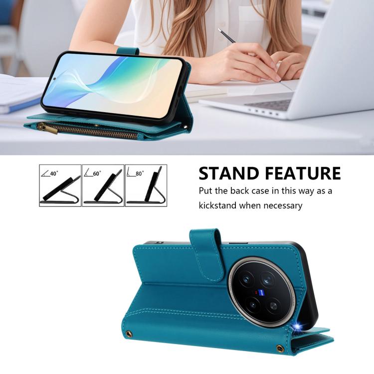 For vivo X200 Pro 5G Magnetic Closure 9 Card Slots Zipper Leather Case with Hand Strap