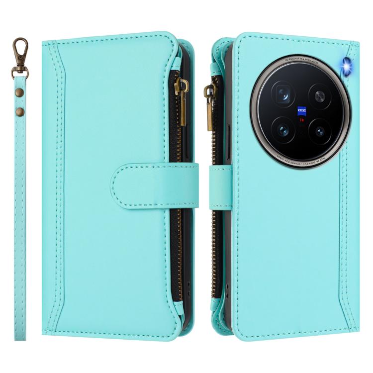 For vivo X200 Pro 5G Magnetic Closure 9 Card Slots Zipper Leather Case with Hand Strap