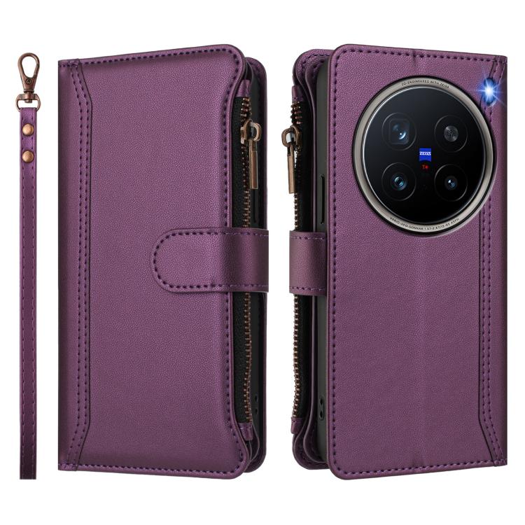 For vivo X200 Pro 5G Magnetic Closure 9 Card Slots Zipper Leather Case with Hand Strap