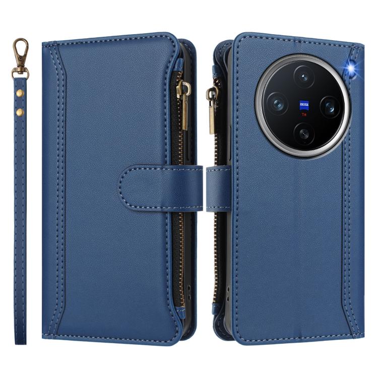For vivo X200 Pro mini Magnetic Closure 9 Card Slots Zipper Leather Case with Hand Strap