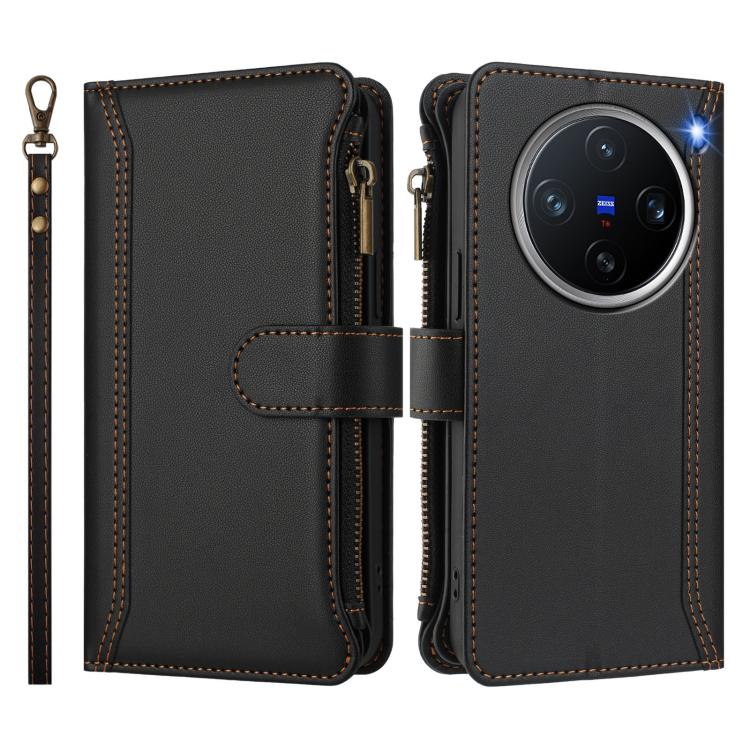 For vivo X200 Pro mini Magnetic Closure 9 Card Slots Zipper Leather Case with Hand Strap