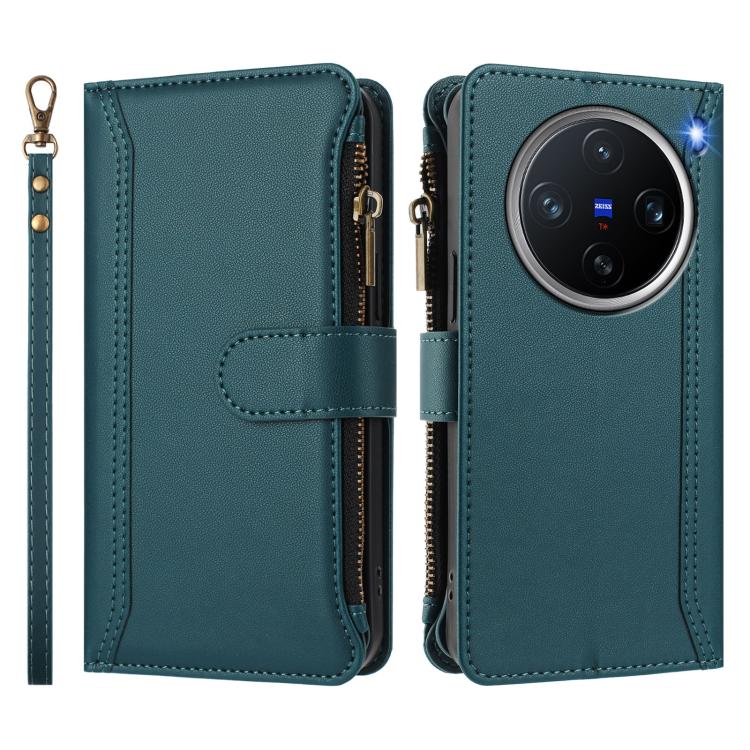For vivo X200 Pro mini Magnetic Closure 9 Card Slots Zipper Leather Case with Hand Strap