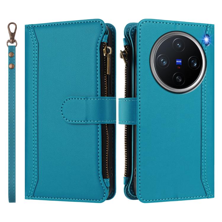 For vivo X200 Pro mini Magnetic Closure 9 Card Slots Zipper Leather Case with Hand Strap
