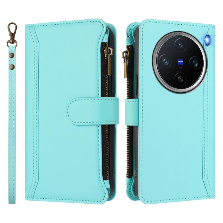 For vivo X200 Pro mini Magnetic Closure 9 Card Slots Zipper Leather Case with Hand Strap
