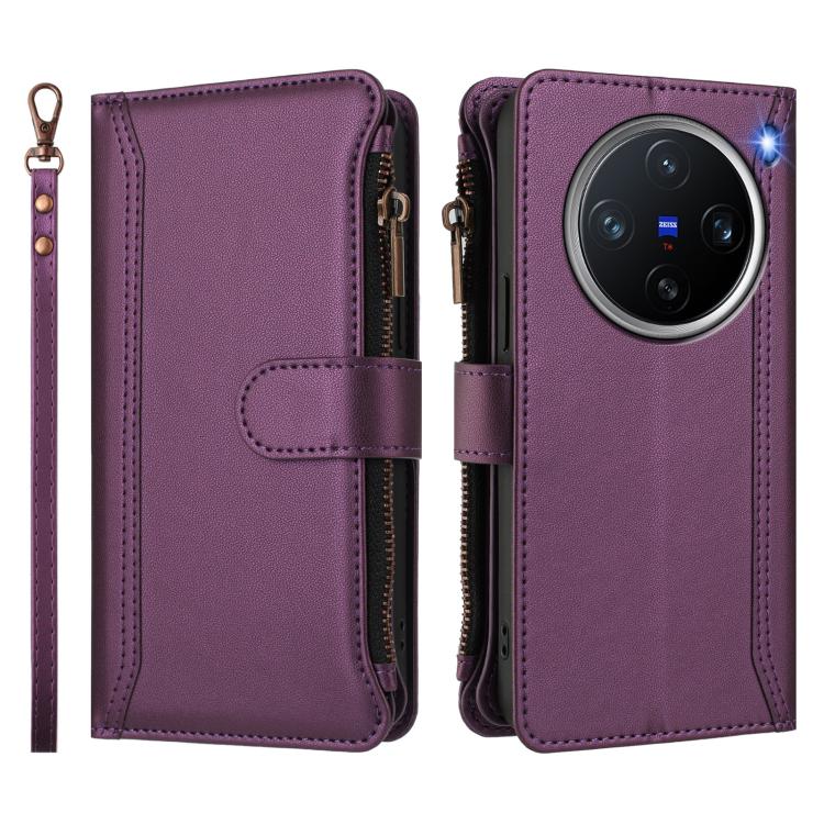 For vivo X200 Pro mini Magnetic Closure 9 Card Slots Zipper Leather Case with Hand Strap