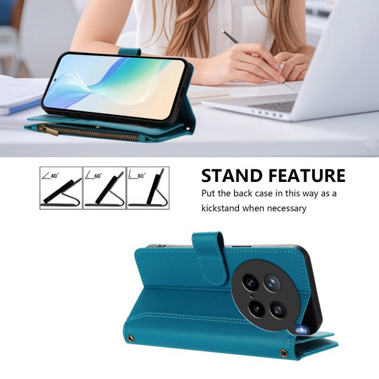 For vivo X200S 5G Magnetic Closure 9 Card Slots Zipper Leather Case with Hand Strap