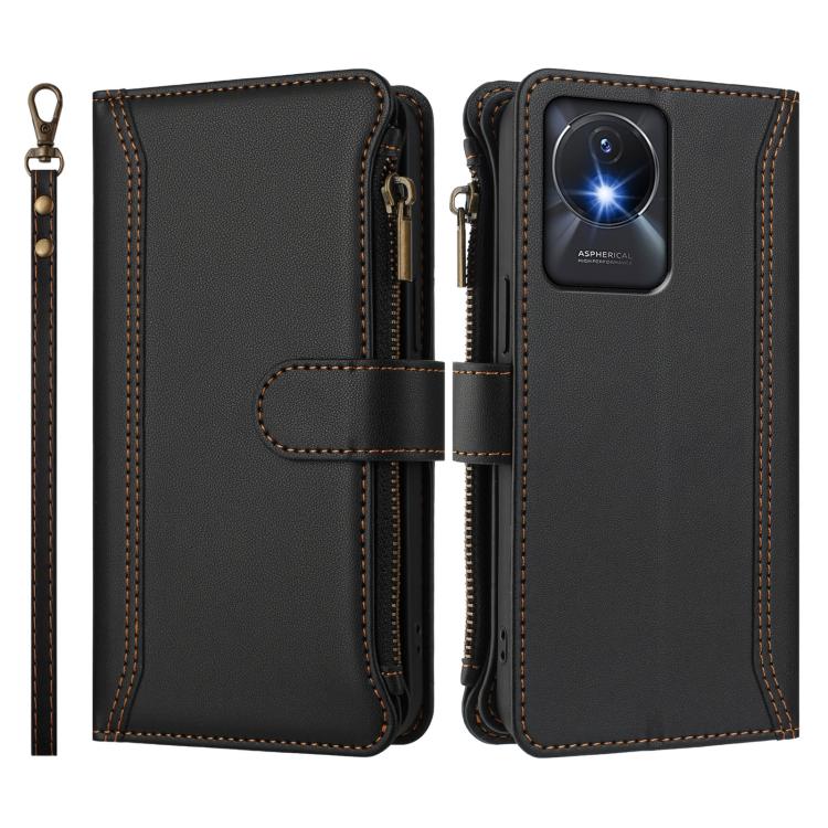For vivo Y02A 4G / Y02 4G / Y11 2023 / Y02T Magnetic Closure 9 Card Slots Zipper Leather Case with Hand Strap