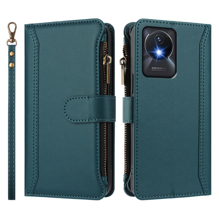 For vivo Y02A 4G / Y02 4G / Y11 2023 / Y02T Magnetic Closure 9 Card Slots Zipper Leather Case with Hand Strap