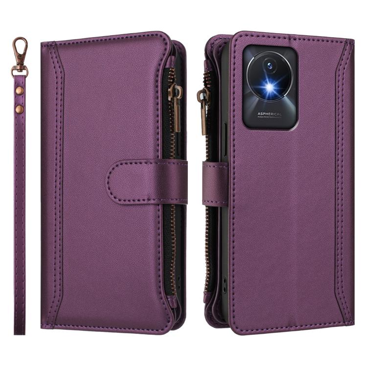 For vivo Y02A 4G / Y02 4G / Y11 2023 / Y02T Magnetic Closure 9 Card Slots Zipper Leather Case with Hand Strap