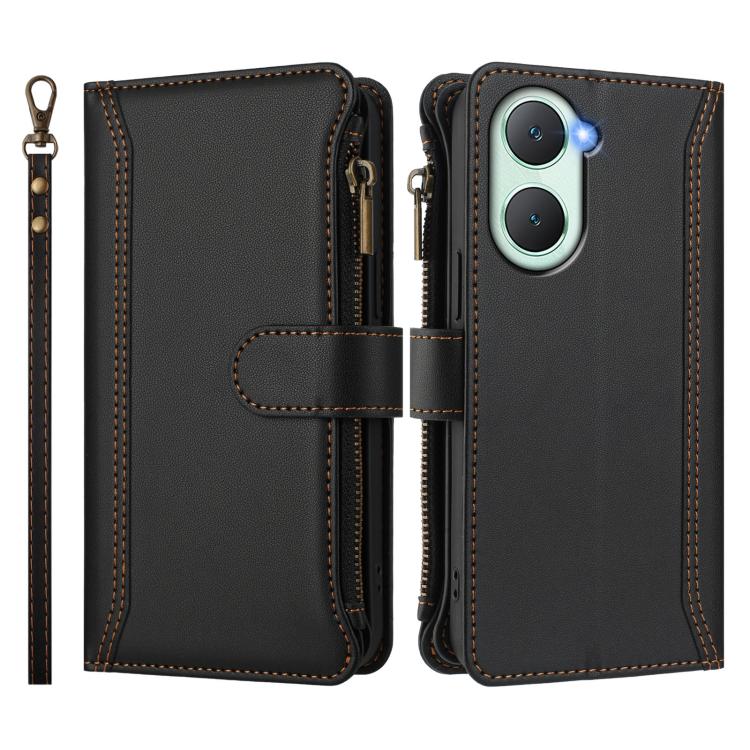 For vivo Y03 4G Global / Y18 4G Global Magnetic Closure 9 Card Slots Zipper Leather Case with Hand Strap
