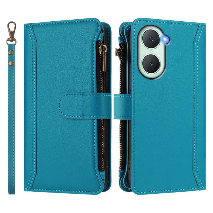 For vivo Y03 4G Global / Y18 4G Global Magnetic Closure 9 Card Slots Zipper Leather Case with Hand Strap