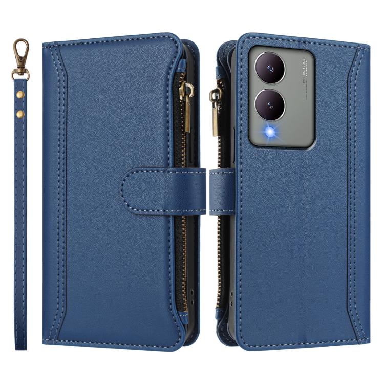 For vivo Y17S 4G Global Magnetic Closure 9 Card Slots Zipper Leather Case with Hand Strap