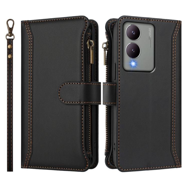 For vivo Y17S 4G Global Magnetic Closure 9 Card Slots Zipper Leather Case with Hand Strap