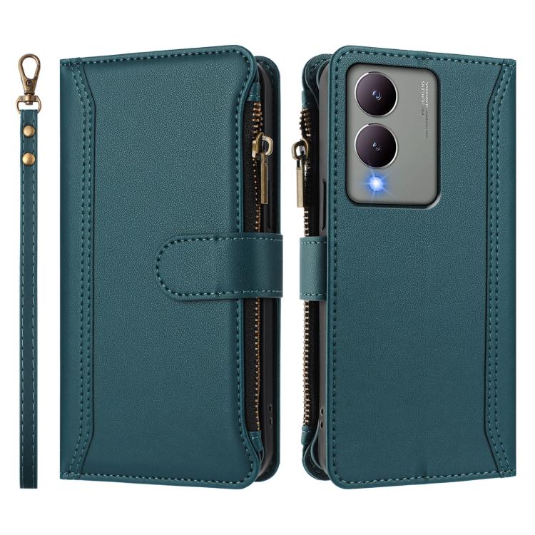 For vivo Y17S 4G Global Magnetic Closure 9 Card Slots Zipper Leather Case with Hand Strap