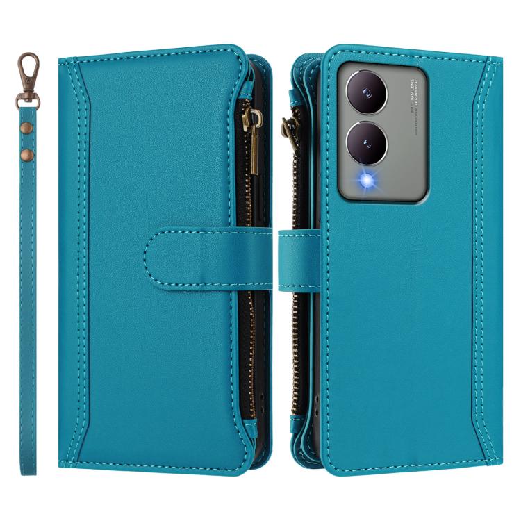 For vivo Y17S 4G Global Magnetic Closure 9 Card Slots Zipper Leather Case with Hand Strap