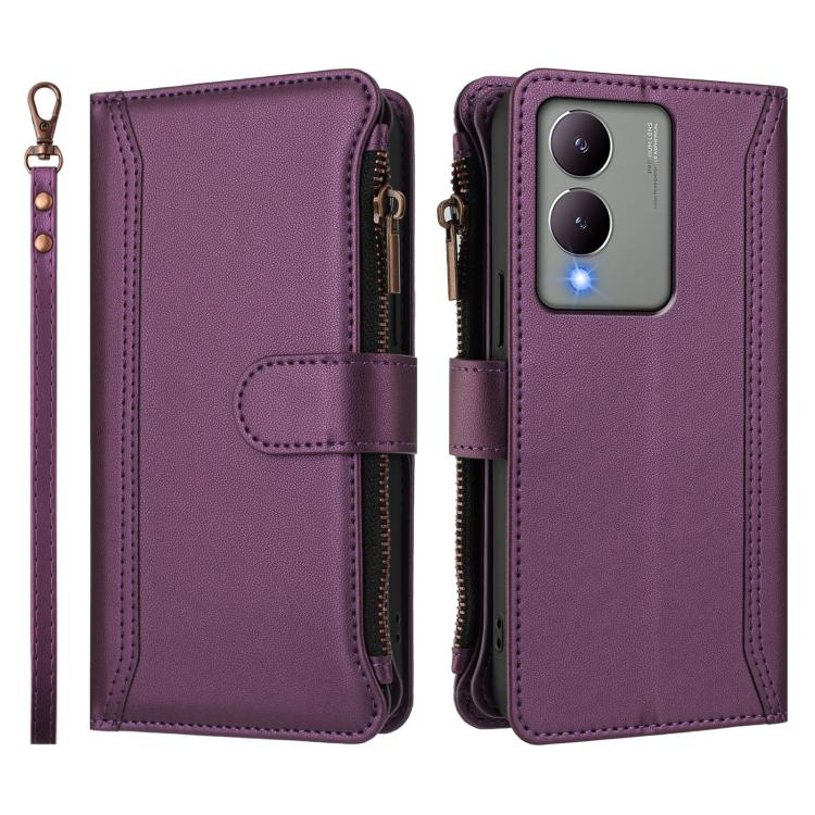 For vivo Y17S 4G Global Magnetic Closure 9 Card Slots Zipper Leather Case with Hand Strap
