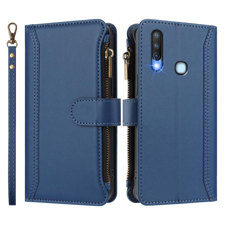 For vivo Y17 / Y15 / Y12 Global Magnetic Closure 9 Card Slots Zipper Leather Case with Hand Strap