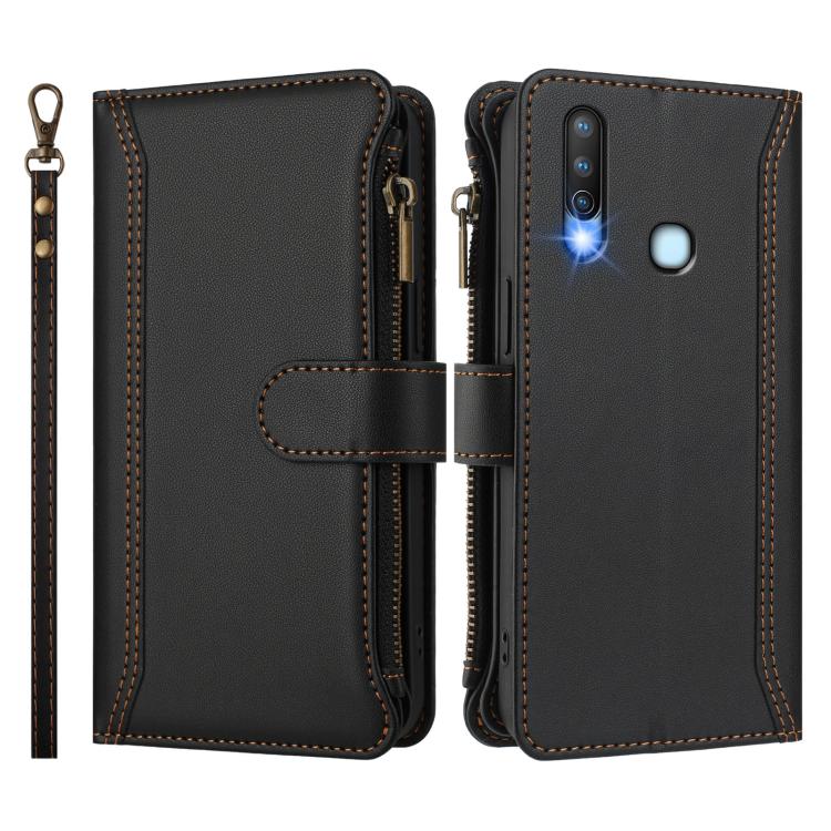For vivo Y17 / Y15 / Y12 Global Magnetic Closure 9 Card Slots Zipper Leather Case with Hand Strap