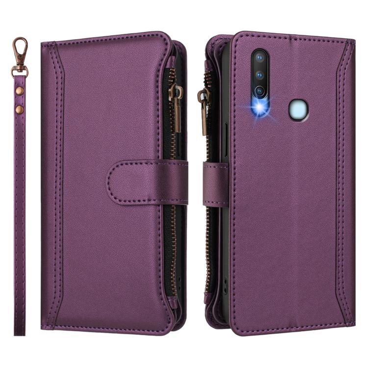 For vivo Y17 / Y15 / Y12 Global Magnetic Closure 9 Card Slots Zipper Leather Case with Hand Strap