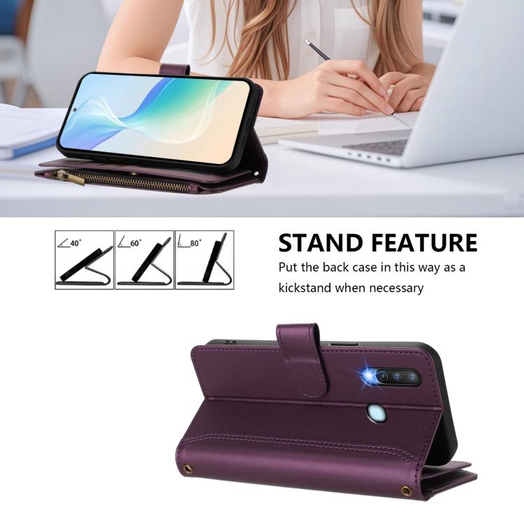 For vivo Y17 / Y15 / Y12 Global Magnetic Closure 9 Card Slots Zipper Leather Case with Hand Strap