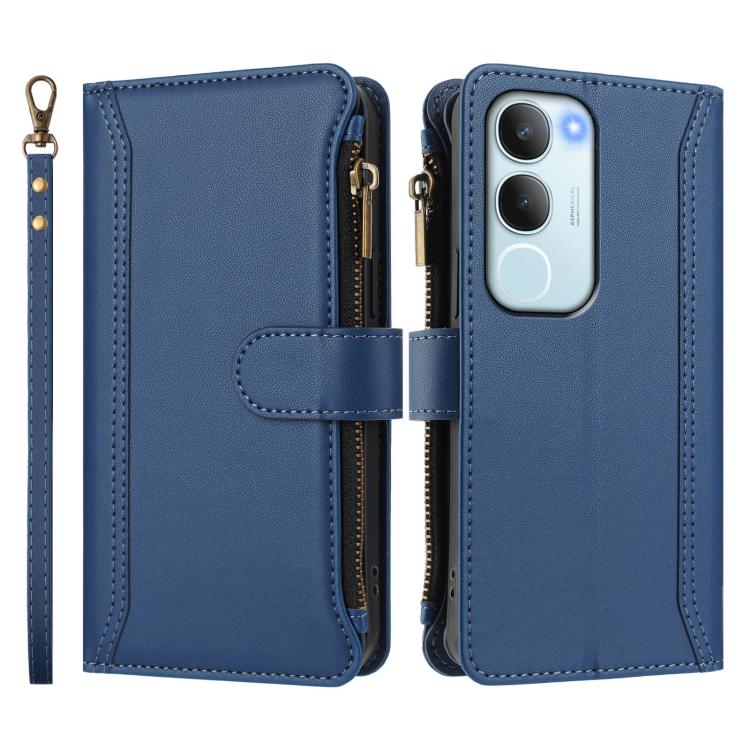 For vivo Y19S 4G Global Magnetic Closure 9 Card Slots Zipper Leather Case with Hand Strap