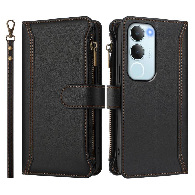 For vivo Y19S 4G Global Magnetic Closure 9 Card Slots Zipper Leather Case with Hand Strap