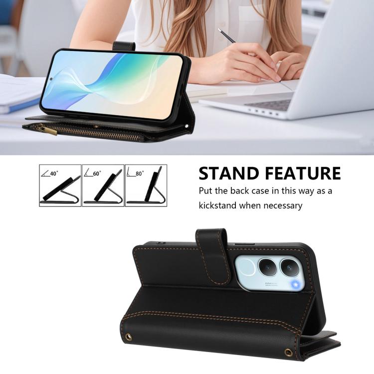 For vivo Y19S 4G Global Magnetic Closure 9 Card Slots Zipper Leather Case with Hand Strap